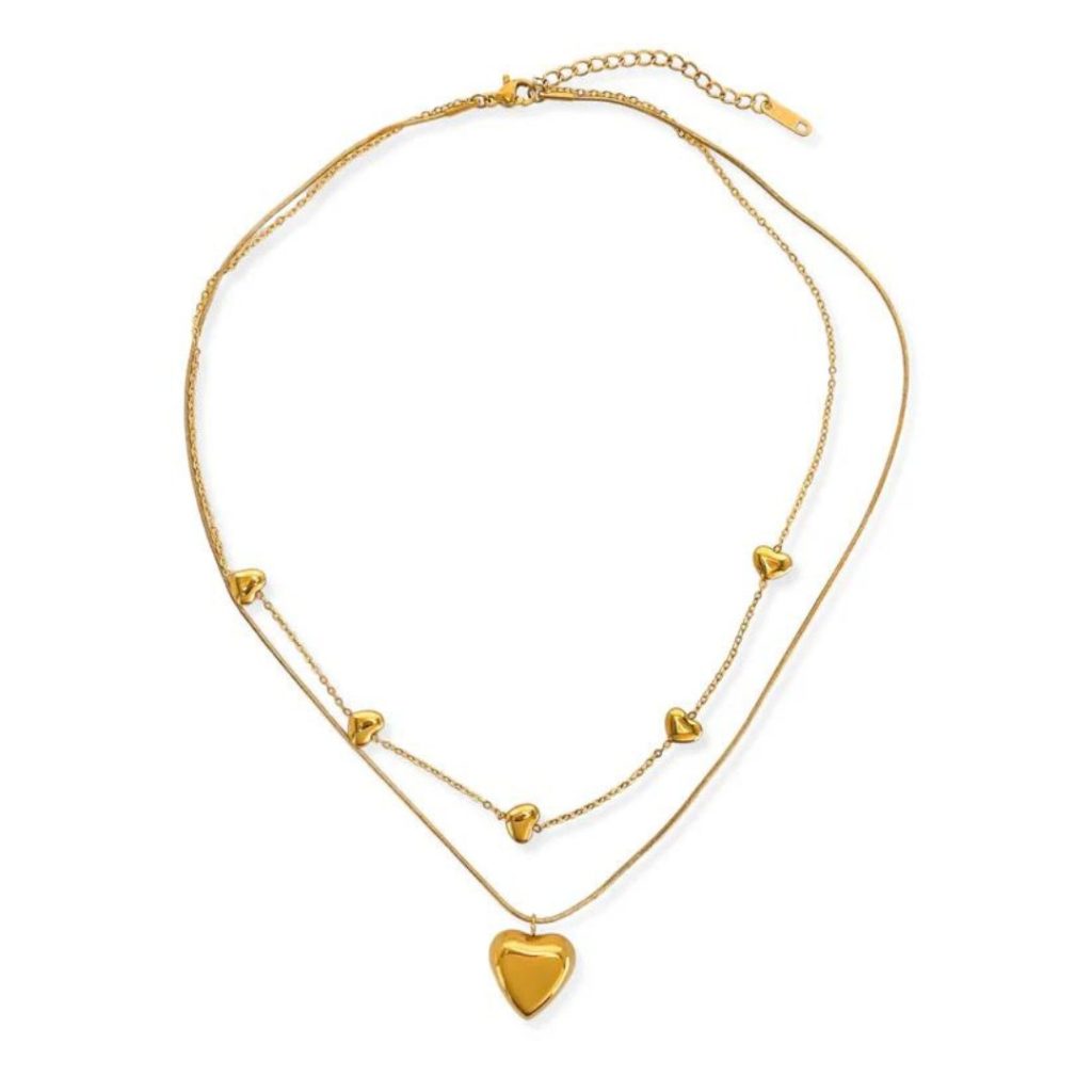 Double Layered Puffy Heart Necklace-Water Resistant