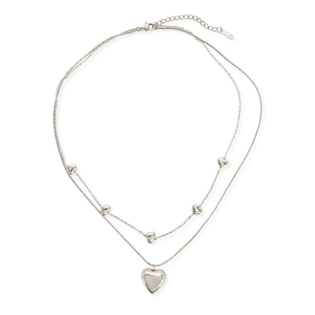 Puffy Heart Water Resistant Necklace Silver
