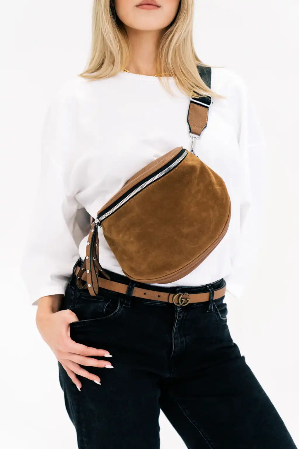 Suede Sling Bag on Model