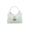 milan white vegan leather handbag with a gold bamboo charm on a white background
