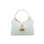 milan white vegan leather handbag with a gold bamboo charm on a white background