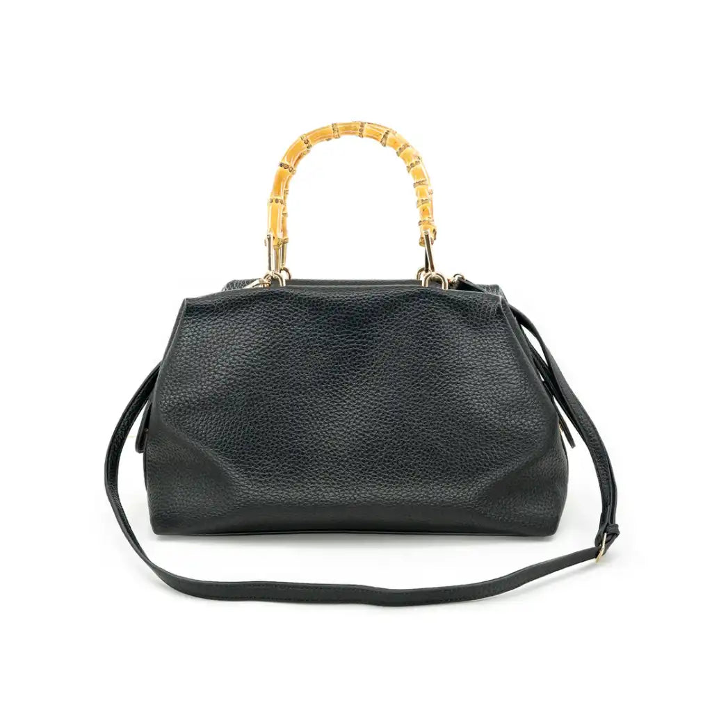 black handbag with bamboo handles