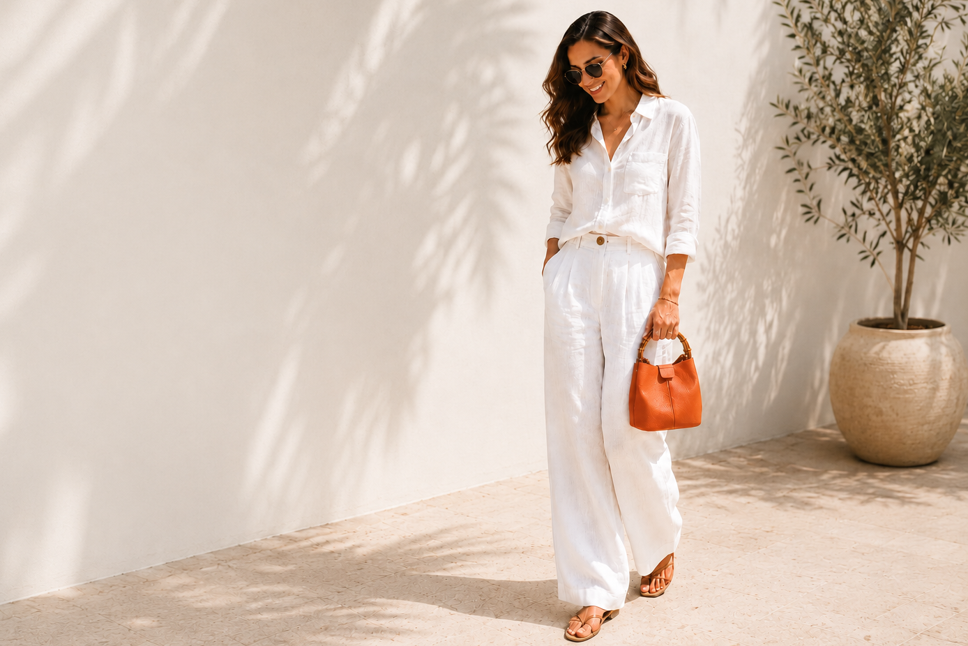 Woman in a white outfit holding a brown bag against a white wall.
