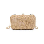 Beige woven clutch bag with floral patterns on a white background