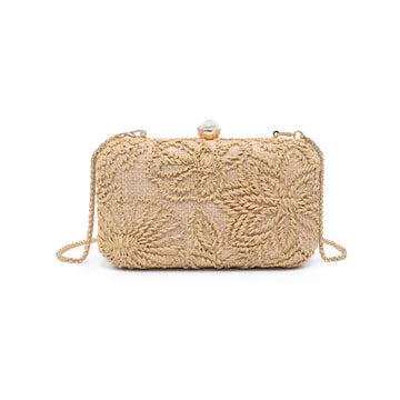 Beige woven clutch bag with floral patterns on a white background