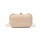 Beige woven clutch bag with a chain strap on a white background