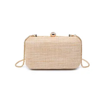 Beige woven clutch bag with a chain strap on a white background