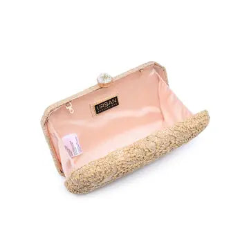 beige woven textured handbag clutch with a pink interior  on a white background