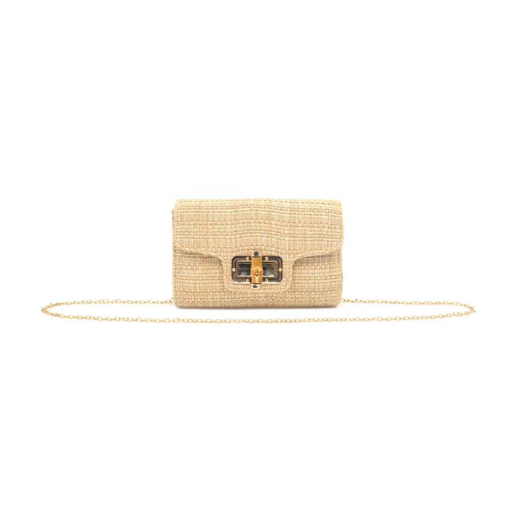 Woven handbag with a gold chain on a white background