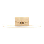 Woven handbag with a gold chain on a white background