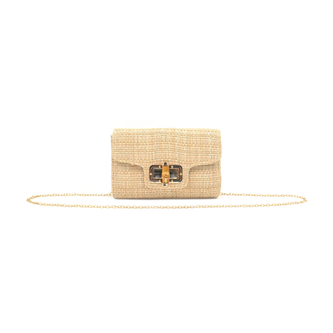 Woven handbag with a gold chain on a white background