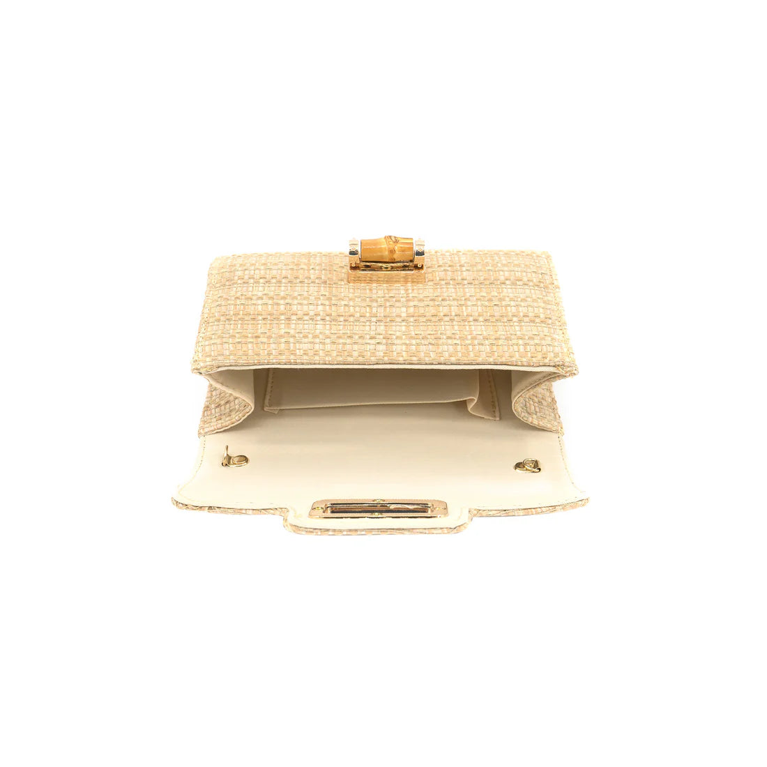 woven clutch with bamboo toggle closure on white background